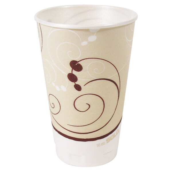 A white Solo foam cup with brown swirl designs.