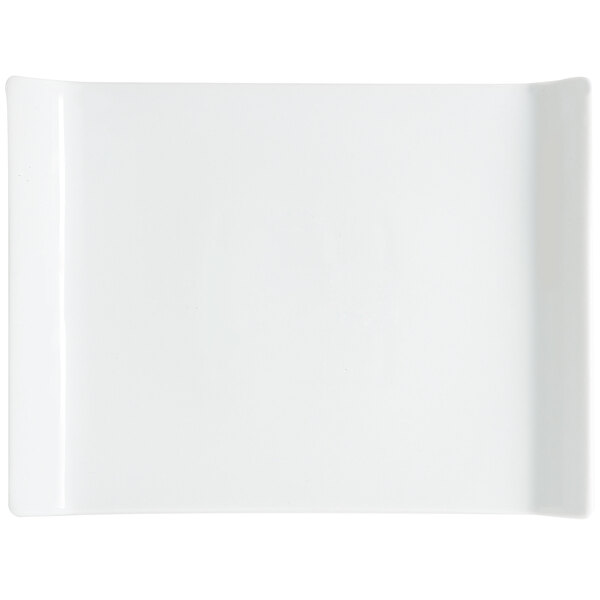 A white rectangular platter with a curved edge.