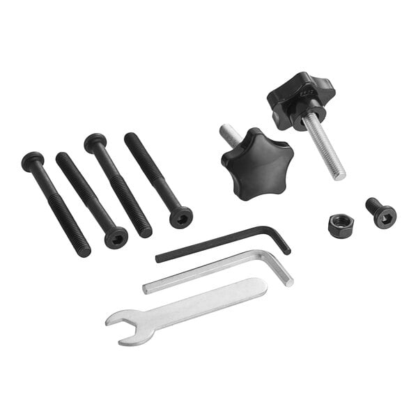 Lancaster Table & Seating hardware for luggage carts including screws and a white wrench.