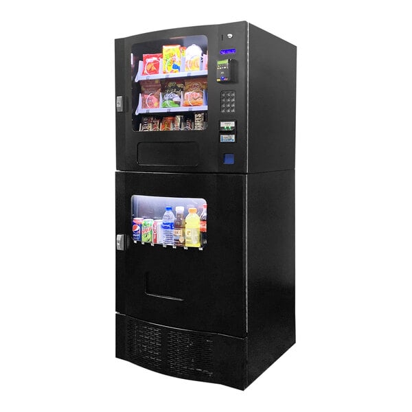 A black Seaga SnakMart vending machine with snacks and drinks.