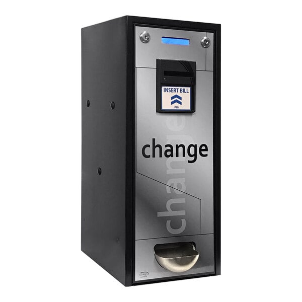 A black and silver Seaga CM1250 change machine with a change button.