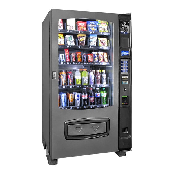 A Seaga ENV5C vending machine with drinks and snacks.