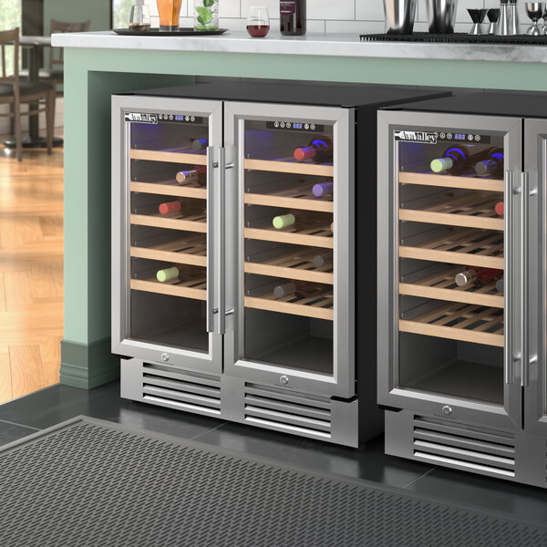 AvaValley commercial beverage cooler with glass doors filled with wine bottles.