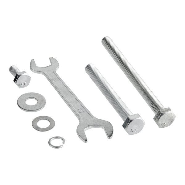 Replacement hardware set for Lancaster Table & Seating Bellman Cart, including a wrench, bolt, nut, and washer.