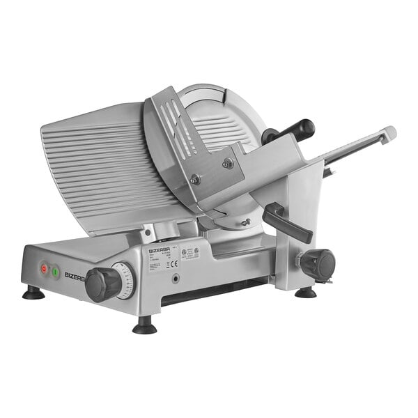 A Bizerba meat slicer with a metal blade.
