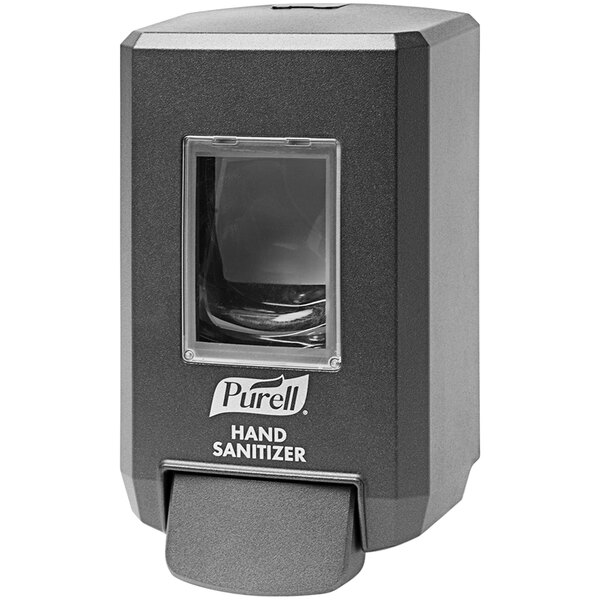 A close-up of a graphite gray Purell® manual hand sanitizer dispenser.