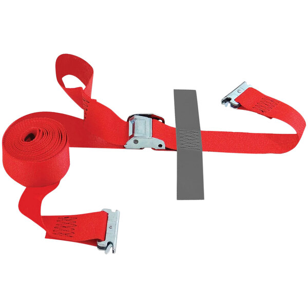 A red Snap-Loc E-Track tie-down strap with metal clasp.