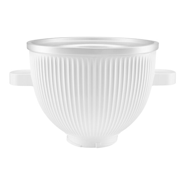 A white bowl with a handle for the KitchenAid Ice Cream Maker Attachment.