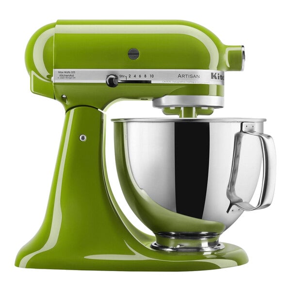 A KitchenAid matcha green mixer with a bowl on top.