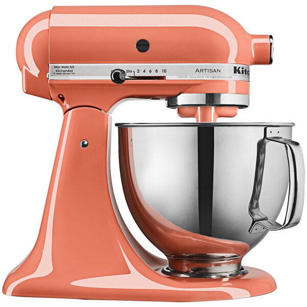 A KitchenAid Bird of Paradise countertop mixer with a stainless steel bowl.