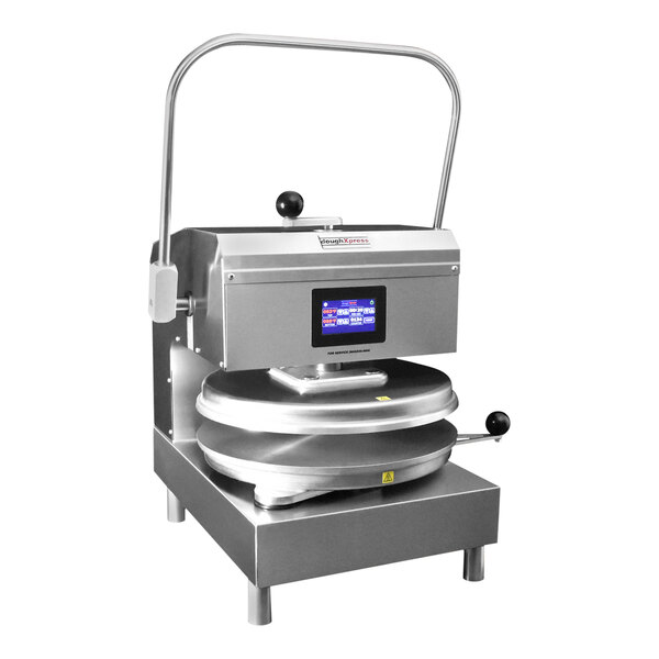A DoughXpress stainless steel dual-heat pizza and tortilla dough press with a blue and white digital display.