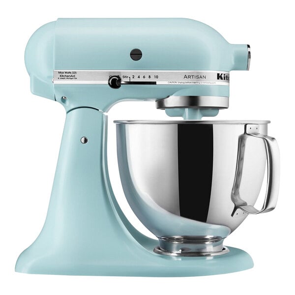 A KitchenAid Artisan stand mixer in mineral water blue with a bowl attached.