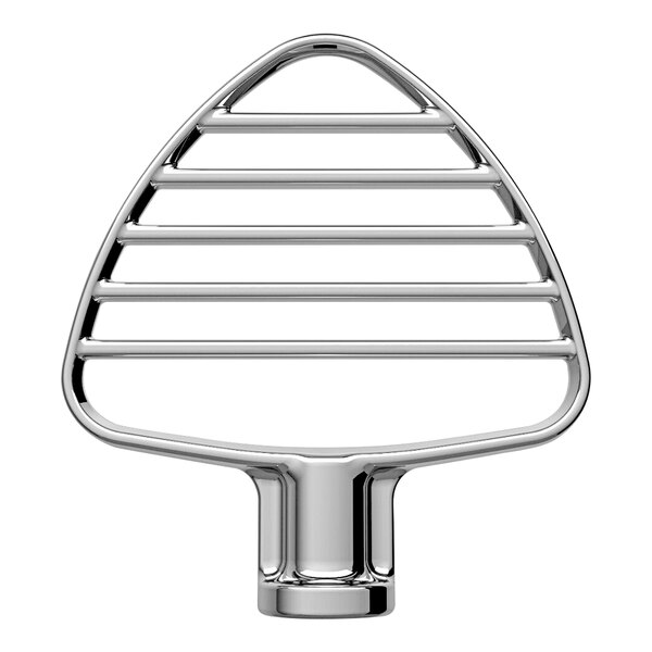 A silver metal KitchenAid pastry beater with a triangle shape.