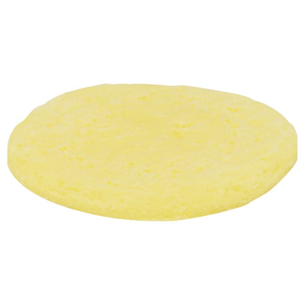 A yellow round Papetti's scrambled egg patty on a white background.
