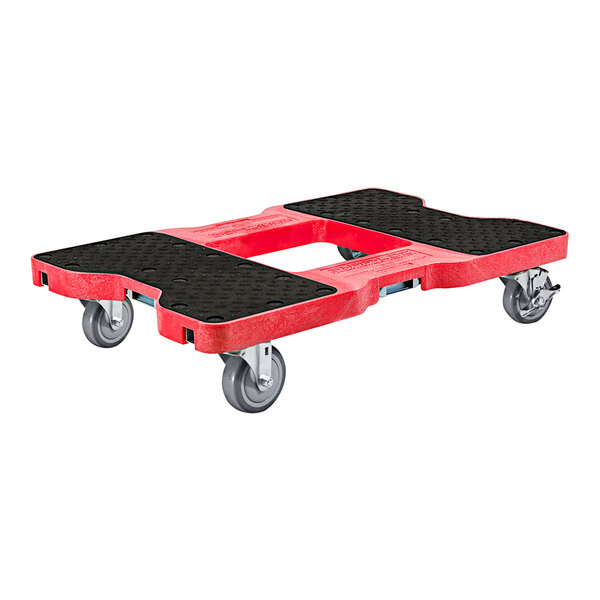 A red and black Snap-Loc dolly with wheels.