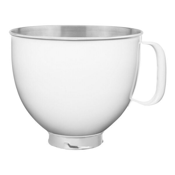 A white stainless steel mixing bowl with a handle.