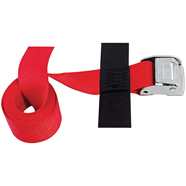 A red and black Snap-Loc tie-down cinch strap with a cam buckle.