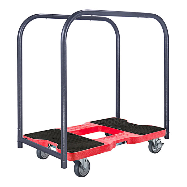 A red and black Snap-Loc panel cart with wheels and handles.