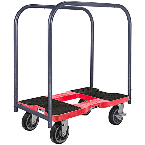 A red and black Snap-Loc panel cart with wheels.