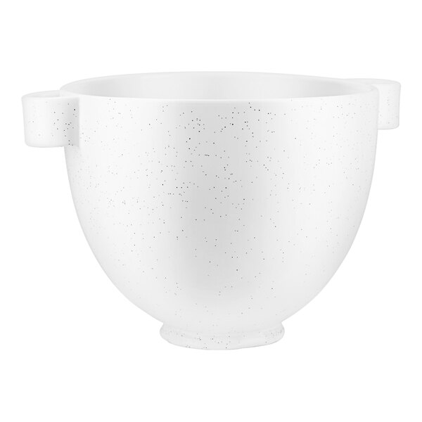 A white speckled ceramic bowl with two loop handles.