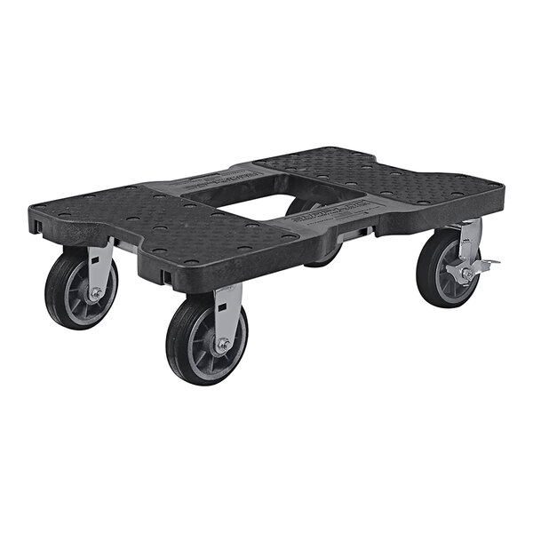 A black plastic platform with wheels.