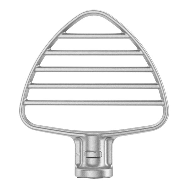 A silver KitchenAid pastry beater attachment with several rows of metal bars.