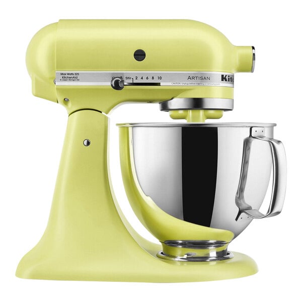A KitchenAid Artisan stand mixer in yellow with a silver bowl.