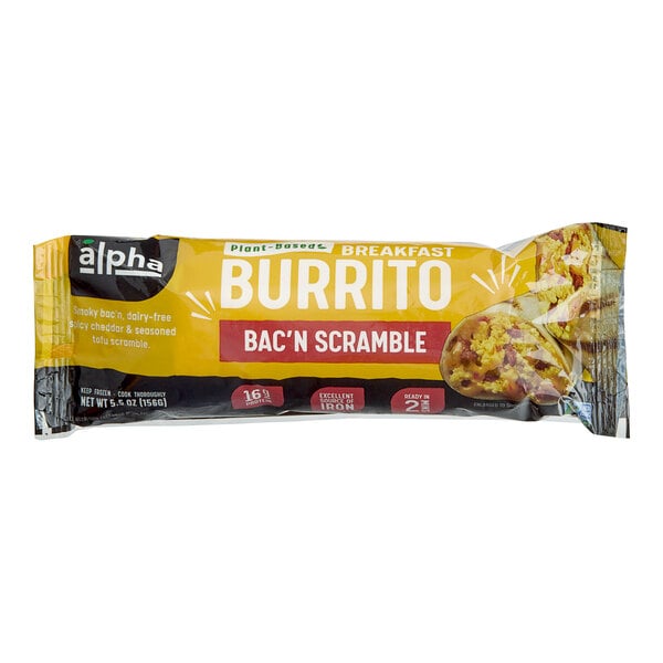 A yellow and black Alpha Foods package of a Plant-Based Bac'n Scramble Breakfast Burrito.