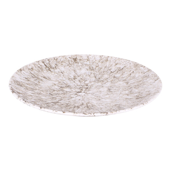 A white melamine plate with a gray marble embossed design.