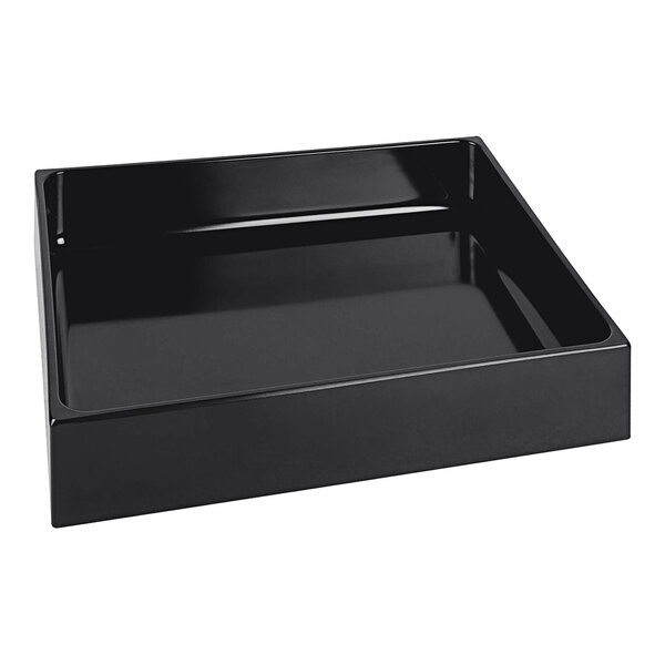 A black Elite Global Solutions rectangular food pan with a lid.