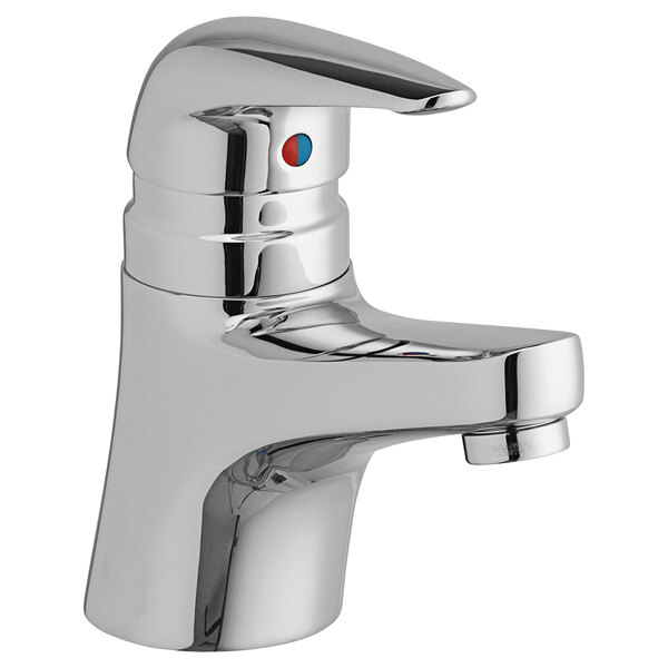 A silver Chicago Faucets single-hole deck-mounted faucet with a red and blue dot on the handle.
