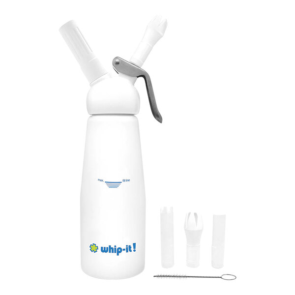 A white aluminum Whip-It cream whipper with blue and white text.