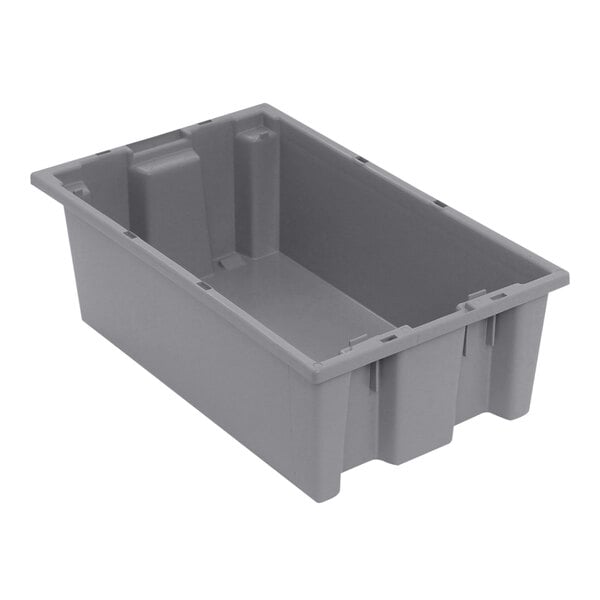 A gray plastic stack and nest tote with no lid.