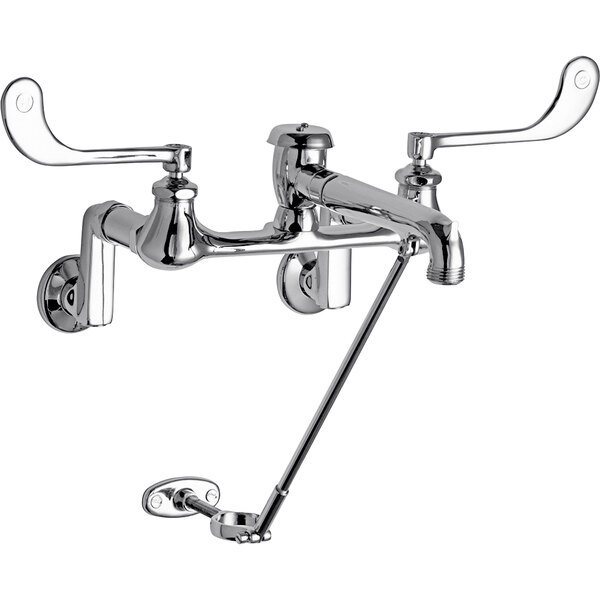 A Chicago Faucets chrome wall-mounted mop sink faucet with 7 1/2" rigid spout and 6" elbow blade handles.