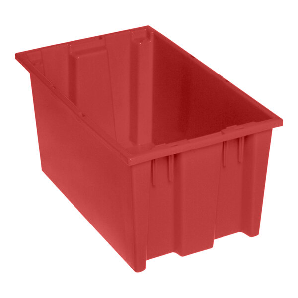 A red plastic Quantum stack and nest tote with a white background.