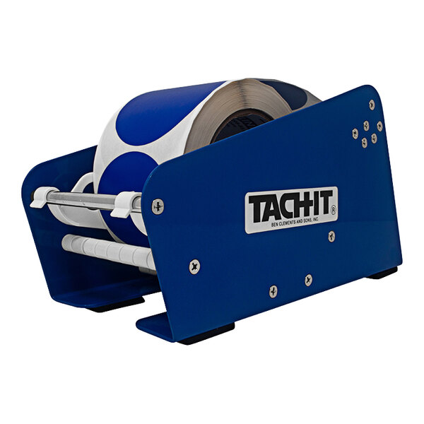 A blue and white Tach-It label roll on a white background.