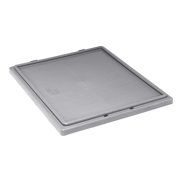 A gray plastic lid with black handles on top of a grey square tote.