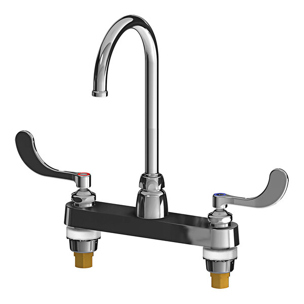A Chicago Faucets deck-mounted medical faucet with two gooseneck spouts and two handles.