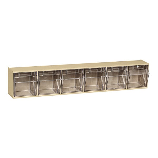 A beige plastic storage unit with six tip-out bins.
