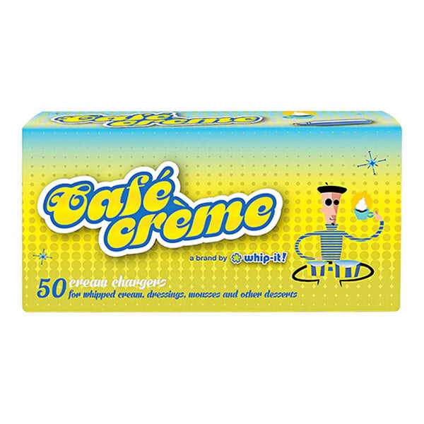 A box of Whip-It Cafe Creme N20 chargers with a yellow and blue logo on a white background.
