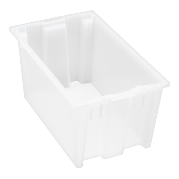 A clear plastic Quantum stack and nest tote with a lid.