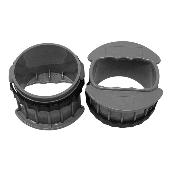 Two grey plastic pipe clamps with black handles.