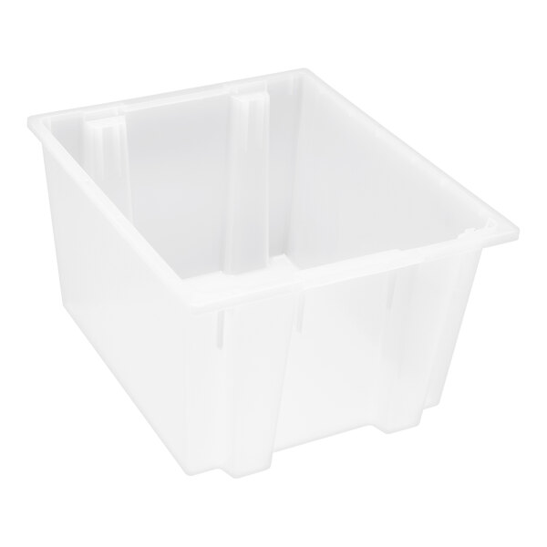 A white plastic Quantum stack and nest tote with a clear lid.