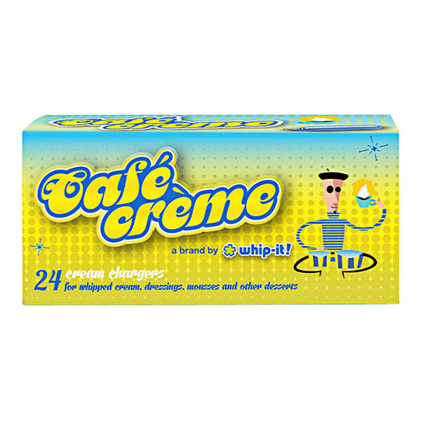 A box of Whip-It Cafe Creme N20 chargers with yellow and blue text on a white background.