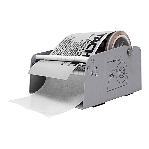 A Tach-It MDL45 mechanical label dispenser with a roll of paper.