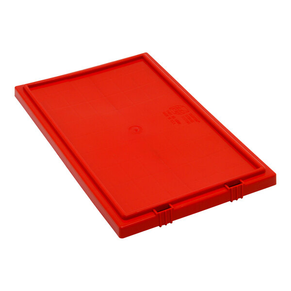 A red plastic lid for Quantum stack and nest totes.