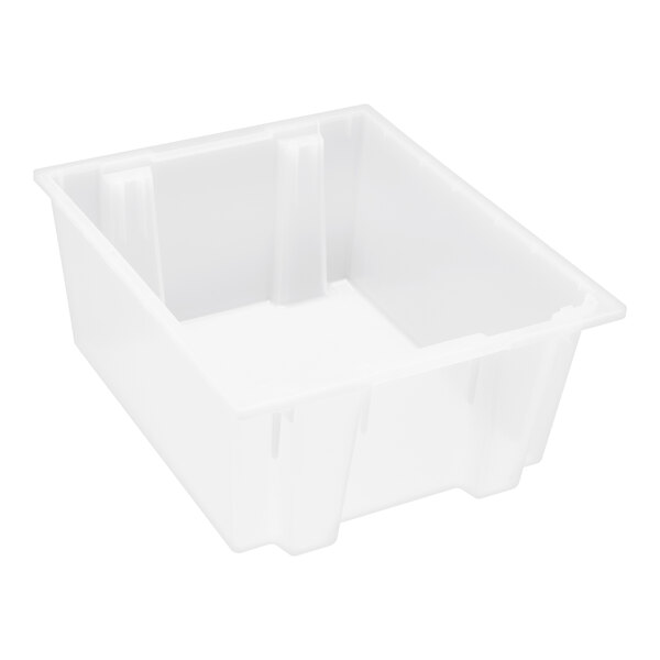 A clear plastic rectangular container with black handles.
