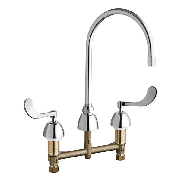 A Chicago Faucets deck-mounted faucet with two handles and an 8" gooseneck spout.