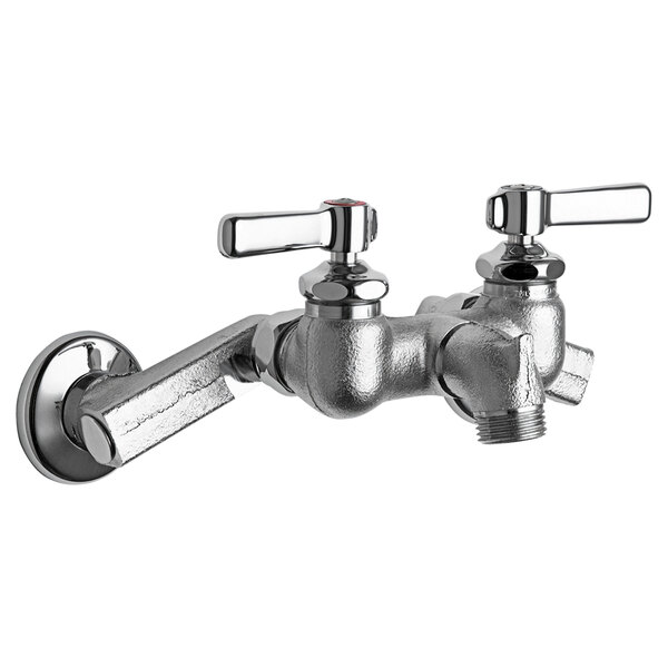 A Chicago Faucets wall-mounted service sink faucet with two handles and a spout, in chrome.