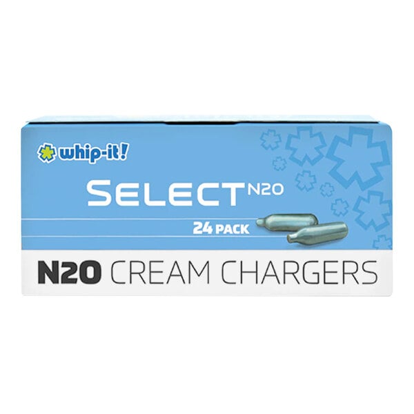 A blue Whip-It box with white text and a blue and white logo containing silver cylinders of Select N20 cream chargers.